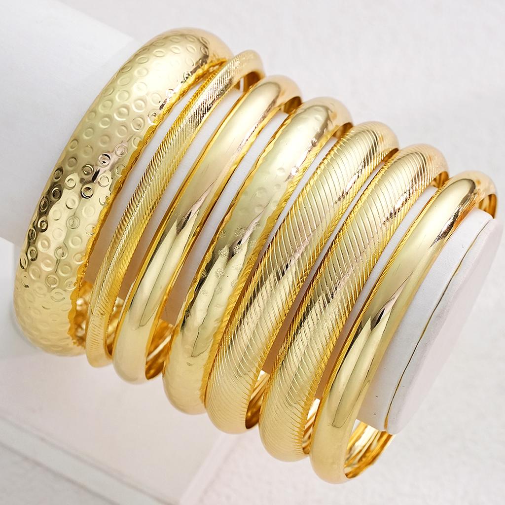 7Pcs Gold Color Bangle Set For Women Fashion Hammered Smooth Open Cuff Bracelet Trendy Stackable Wristband Boho Jewelry Gift New