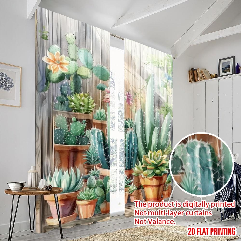 2pcs,2D Plane Printing Popular Curtains Cactus Oasis Durable Polyester (without Rod) Decorations For Home Use for Bedroom,