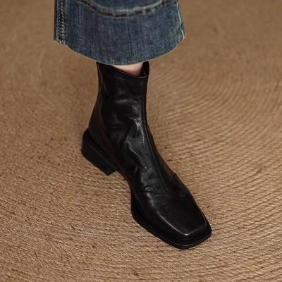 Mid-thick-heeled Ankle Boots for Women, Autumn and Winter Fleece Boots, New Square-toed Shoes