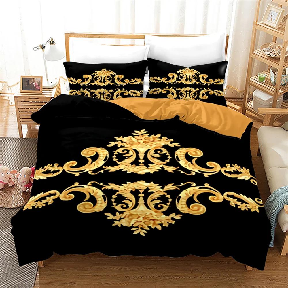 Luxury Black Gold 3Pcs Geometric Queen King Full Size Duvet Cover Bedding Linen Set 2 Seater Bedspread 200x200 240x220 150x200