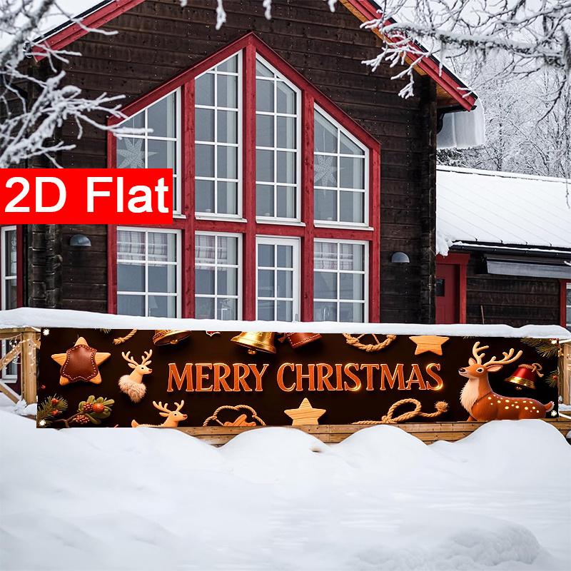 Merry Christmas Fence Banner, Deer & Jingle Bells Indoor Outdoor Design, Polyester Outdoor Yard Fence Lawn Garage Porch Balcony Decoration