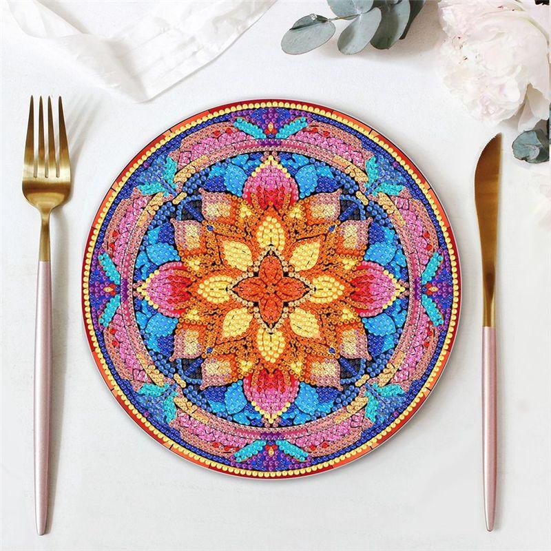 ABUL-4Pcs DIY Diamond Art Painting Placemat Round Non-Slip Acrylic Table Mats For Table Decor Easy Install A