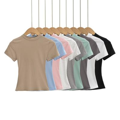 Amoi Women's Solid Color Kardashian Crew Neck Slim-Fit Short Bottom Shirt Basic Short Sleeve Shirt