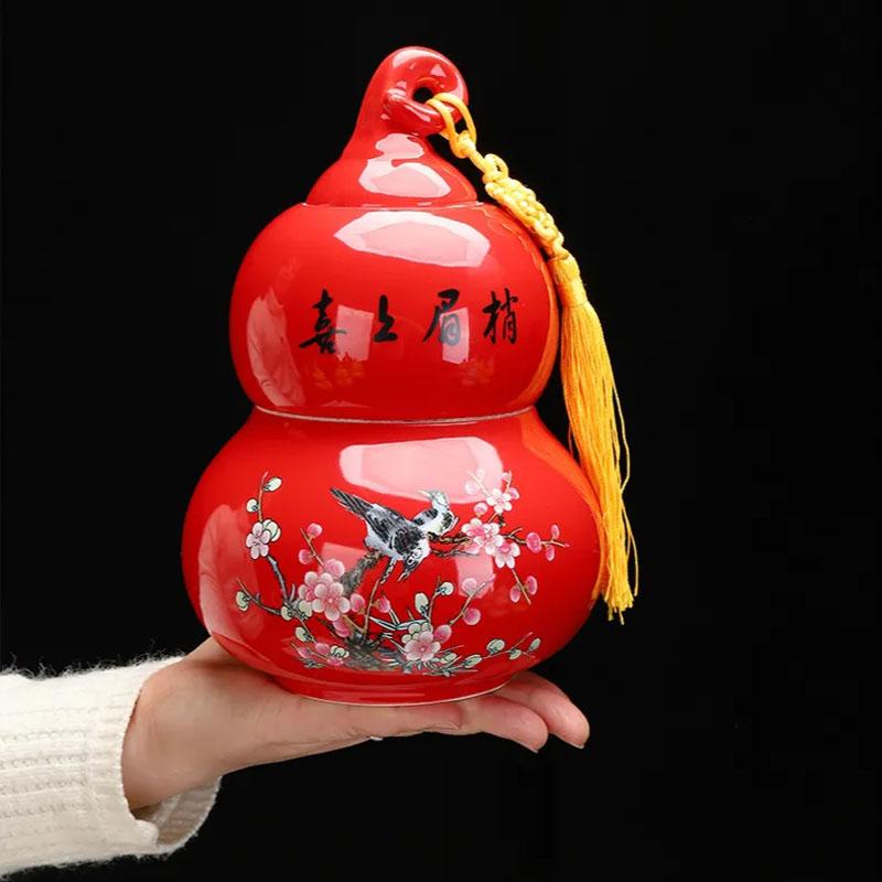 Gourd Shaped Double-layer Tea Caddy Ceramic Tea Storage Tank Non Woven Cover Sealed Tea Can Porcelain Ornaments Nut Storage Pot