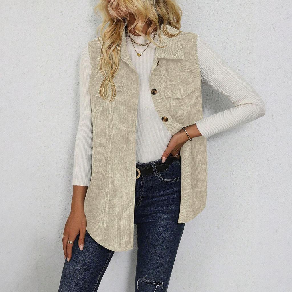 Women's Fashionable Solid Color Vest With A Collar And Cardigan, Casual Commuting Sleeveless Vest Jacket