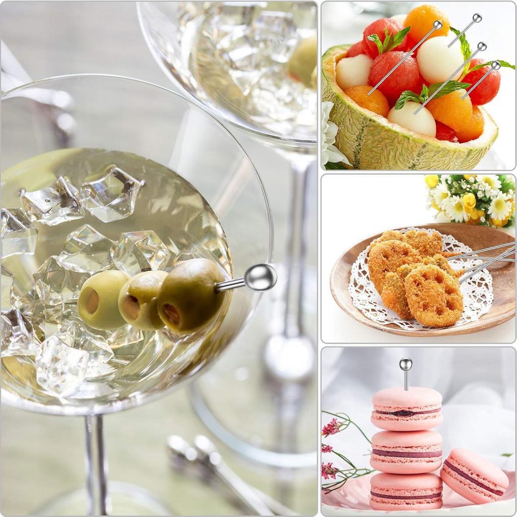 60 Pieces Cocktail Picks Stainless Steel Cocktail Skewers Set Reble Metal Martini Picks 4.3 Inches Sandwich Appetizer Toothpicks for Party Home Bar
