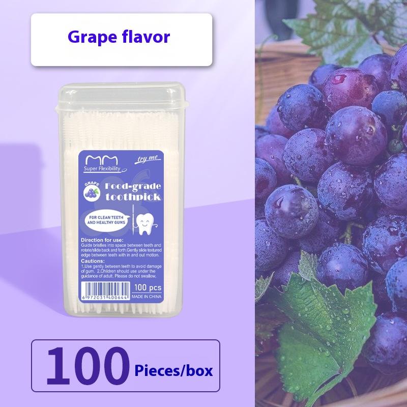 

100Pcs/Box Fruit Flavor Toothpicks Double-Headed Disposable Interdental Brush Dental Tooth Flossing Head Oral Hygiene Clean grape