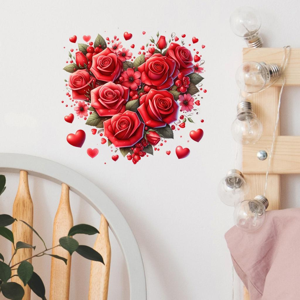 Valentine's Day Heart-shaped Rose Wall Stickers, Holiday Decorative Stickers, Removable Self-adhesive PVC.