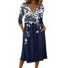 Women's Fashionable Color Printed Round Neck 3/4 Sleeve Button Collar Mid Length Casual Dress
