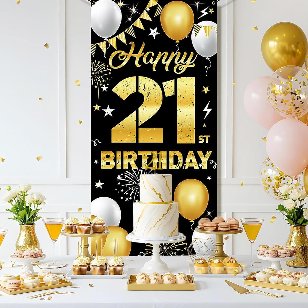 Happy 21st Birthday Decorations for Him & Her – Black and Gold 21st Birthday Banner Backdrop, Yard Sign, Photo Props, Door Background Party Décor