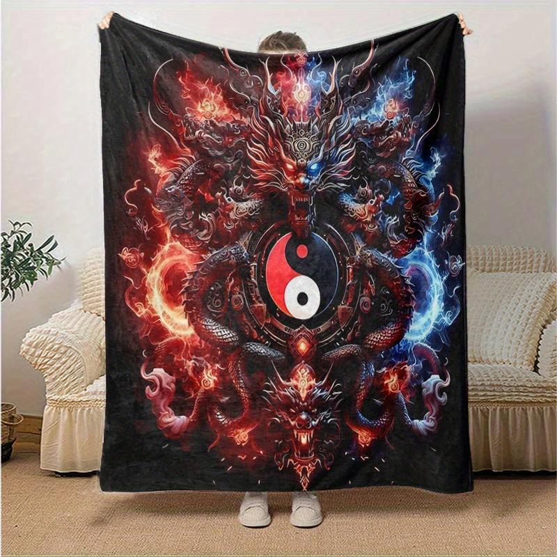 1pc Fire and Ice Yin Yang Dragons Blanket  Soft Throw for Home Decor, Perfect Gift for All Seasons, Living Room, Travel, Camping, Car Blankets