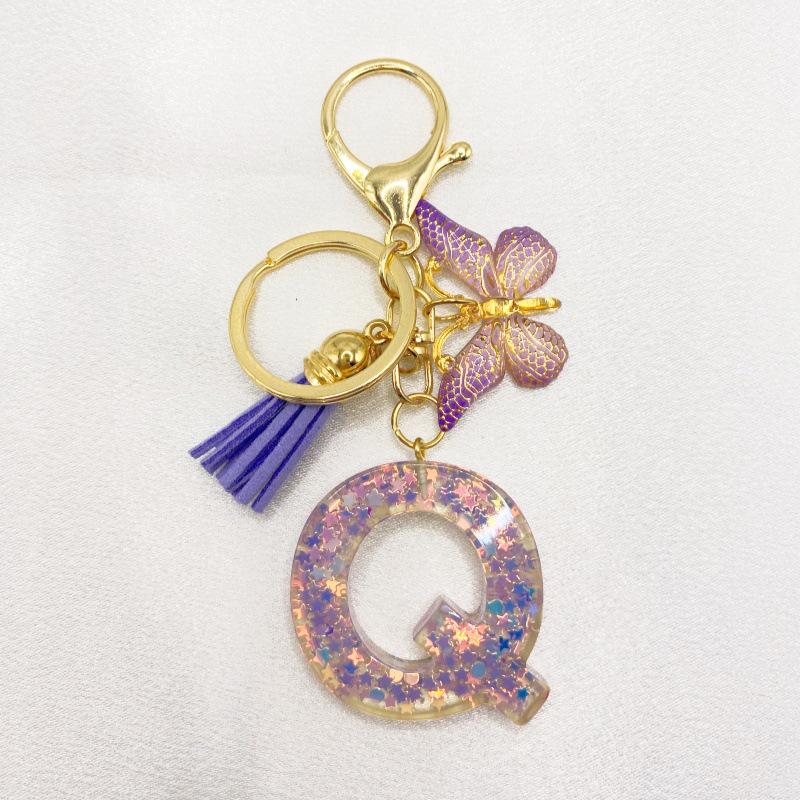 26-Letter Alphabet Resin Keychain with Star Sequins & Tassel Charm