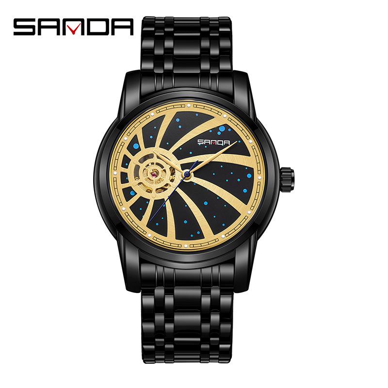 Sanda Men's Waterproof Luminous Quartz Watch - Fashionable Three-Eye Six-Hand Design with Steel Band.