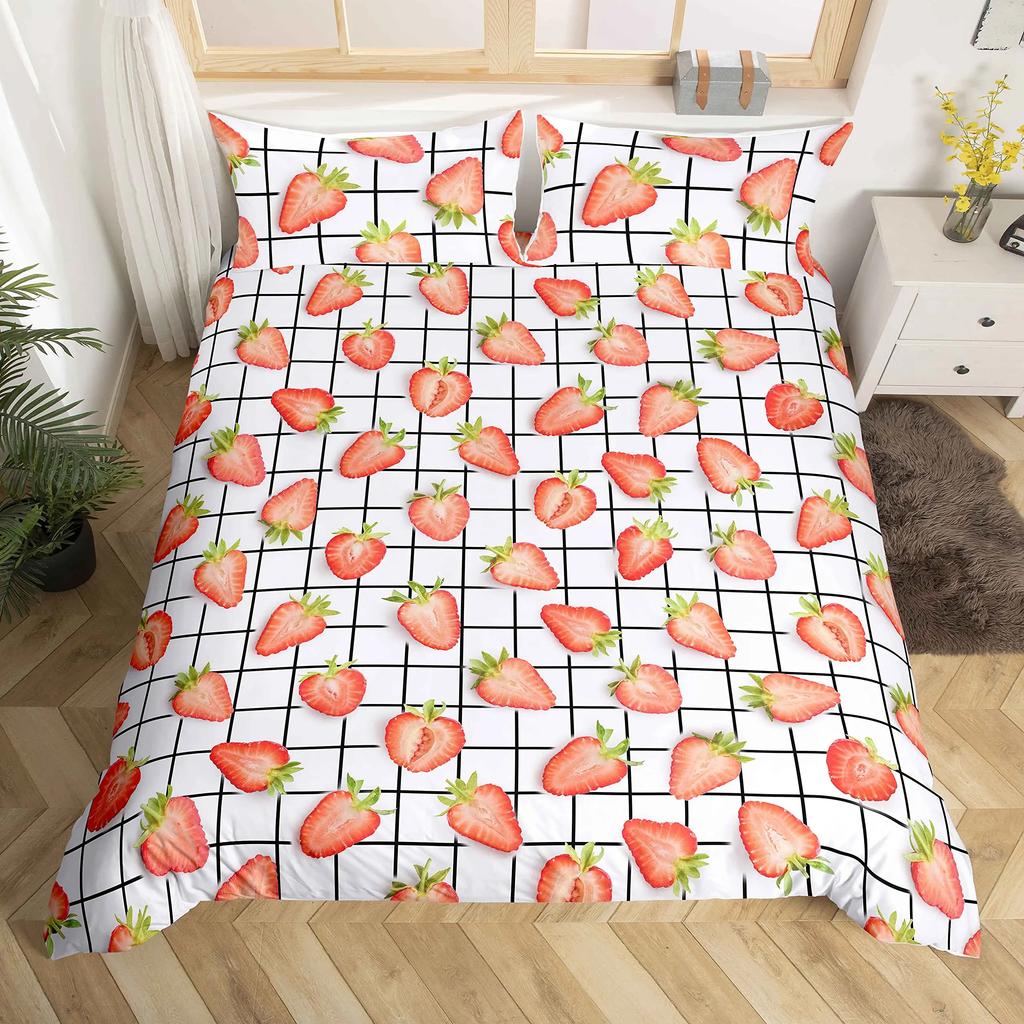 Strawberry Duvet Cover SetRed Strawberry Bedding Set for Girls Cute Black White Geometric Plaid Grid Comforter Cover Full Size