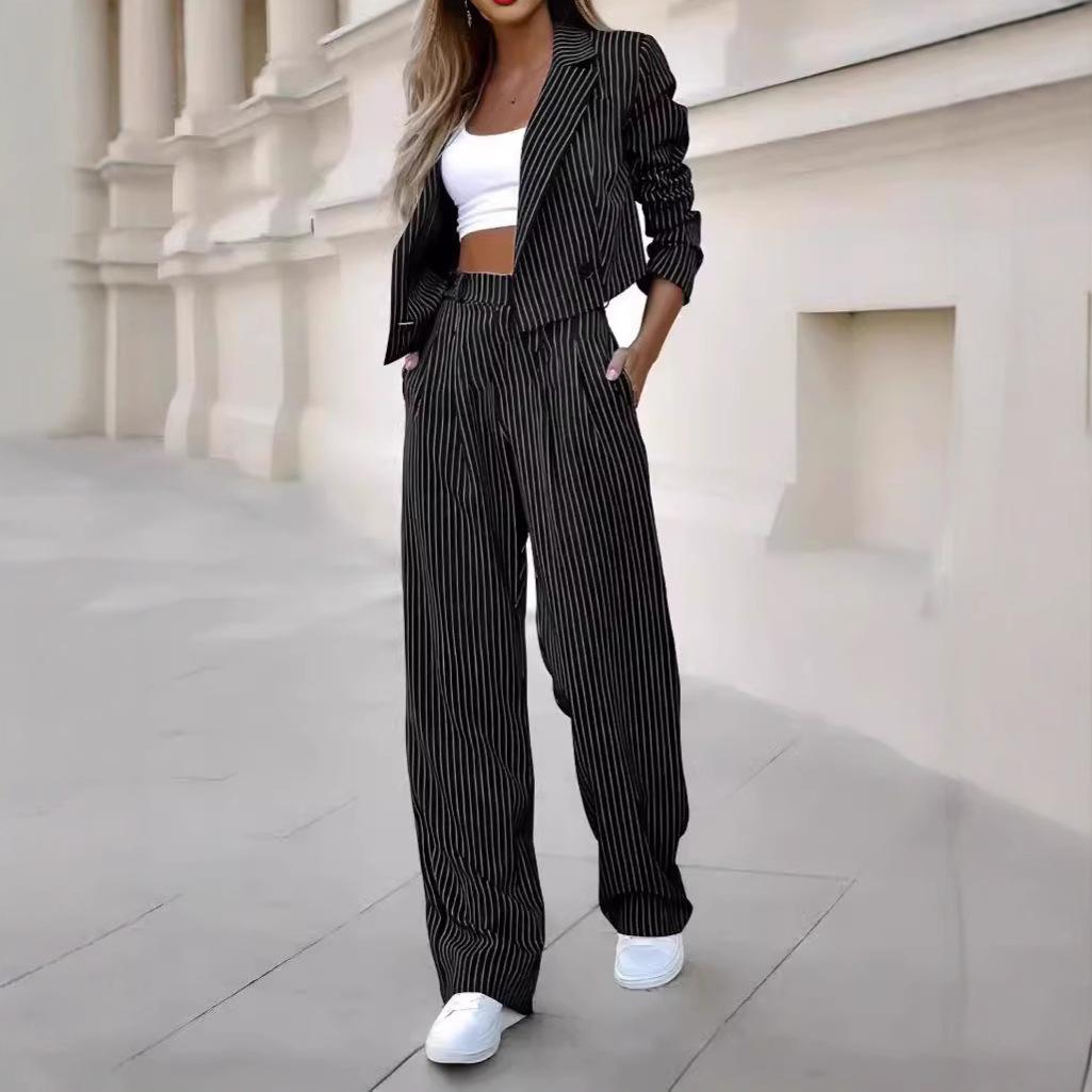 

Женский комплект из 2 предметов: пальто и брюки, деловой стиль, отложной воротник, длинный рукав, куртка с высокой талией, полосатые широкие брюки, женский деловой наряд XS чёрный