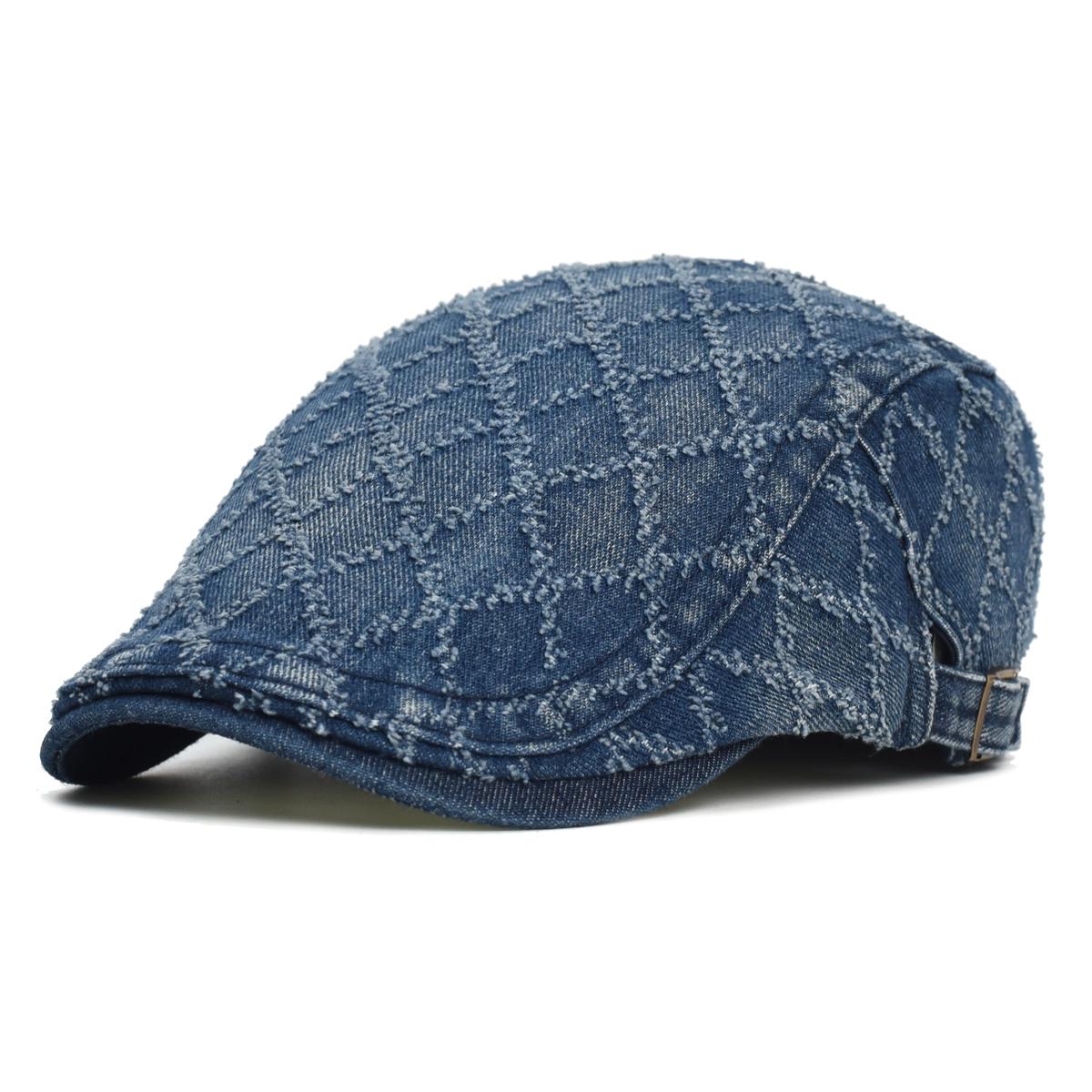 

Denim Lattice Beret Hat Washed Distressed Peaked Cap Adjustable Cotton Newsboy Cap Vintage Ivy Gatsby Cabbie Hats Flat Cap 56-59 cm
