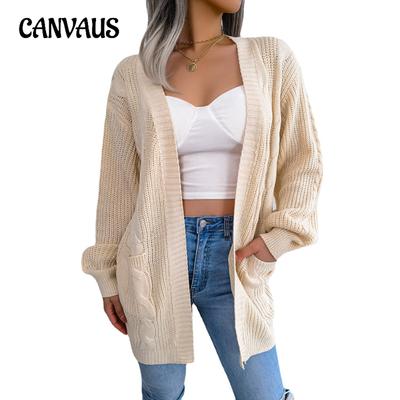 Autumn and Winter Women's Cardigan Sweater Twist Lantern Sleeve Casual Pocket Cardigan Sweater Tops