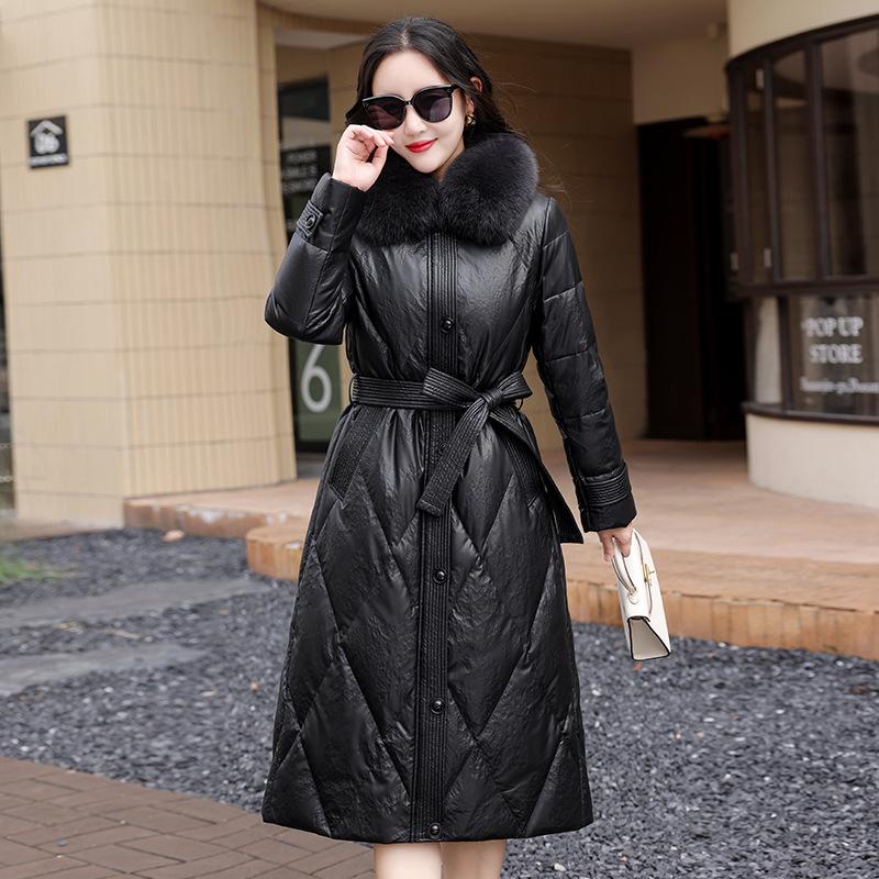 Haining genuine leather jacket down jacket women's medium and long winter clothing large size thickened down jacket warm jacket thin fur