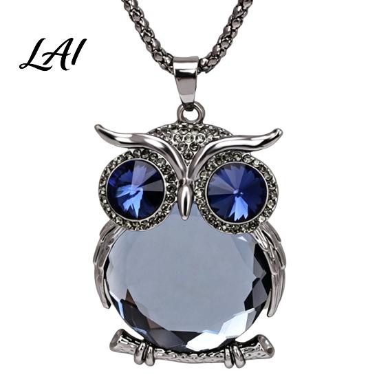 Gift for Mom And Friends Faux Crystal Owl Pendant Necklace Women Long Blue Sweater Chain Fashion Alloy Jewelry Accessory Daily Wear & Decoration