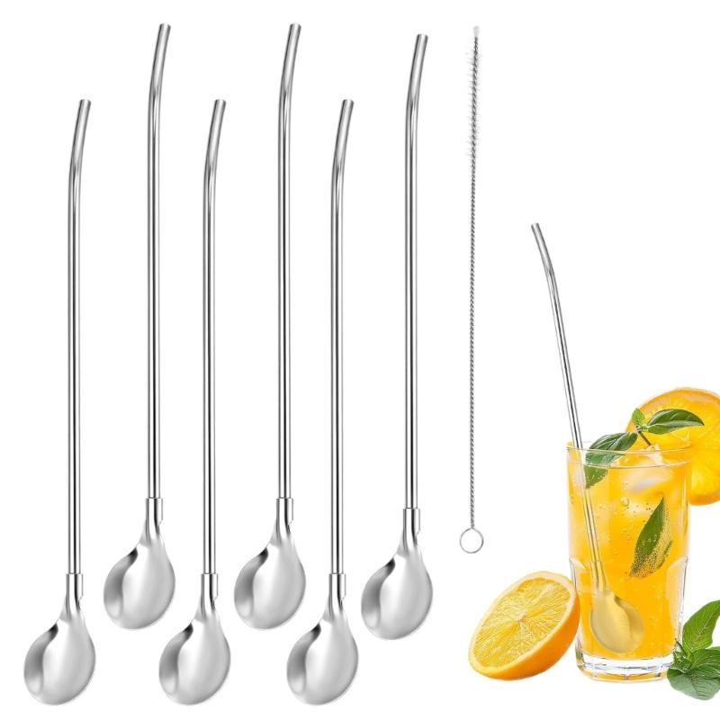 6Pcs Reusable Stainless Steels Straw Spoons With Cleaning Brush Cocktail Stirring Spoon For Beverages And Dessert