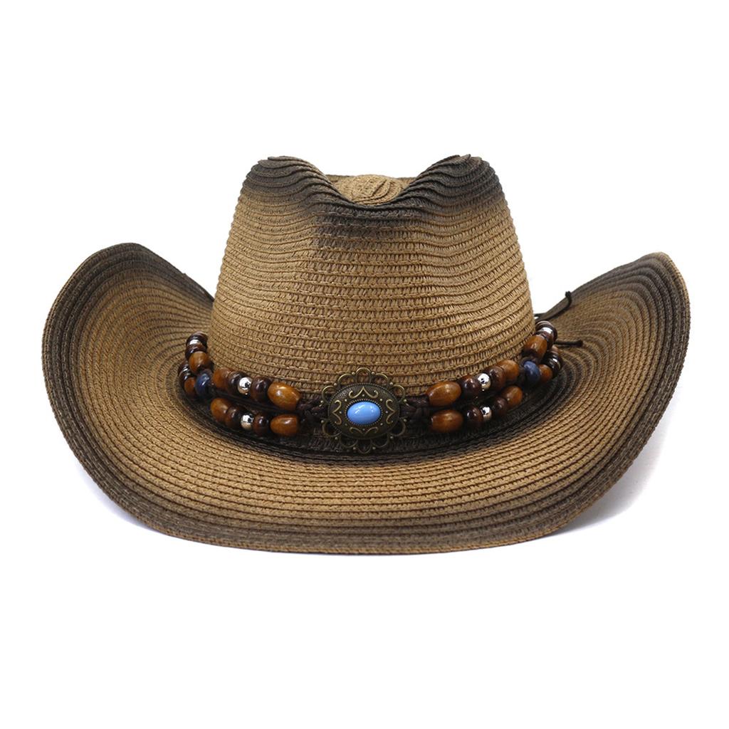 Decorative Beaded Straw Cowboy Hats Women Men Summer UV Protection Beach Holiday Sun Caps Outdoor Wide Brim Cowgirl Hats