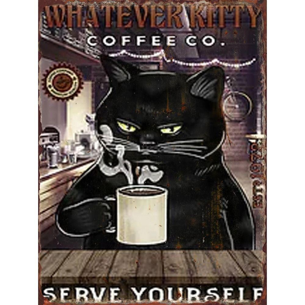Retro Katze Kaffee Metallblechschild Wanddeko Vintage Küchenkunst 20x30 cm