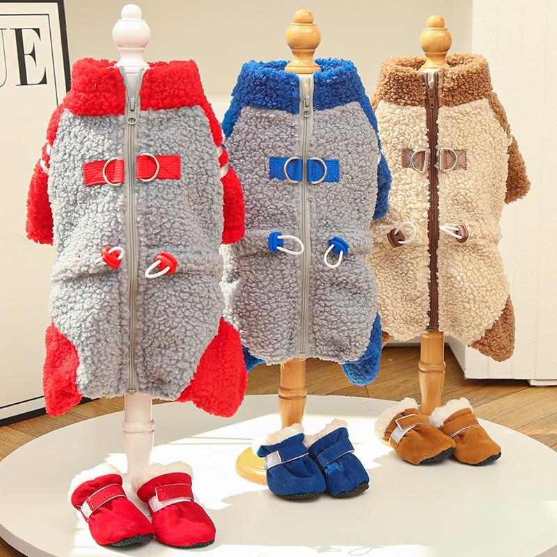 Thick Fleece Dog Cat Four-Legged Hoodie With Zipper Warm Winter Pet Outfit Small Medium Large Breeds