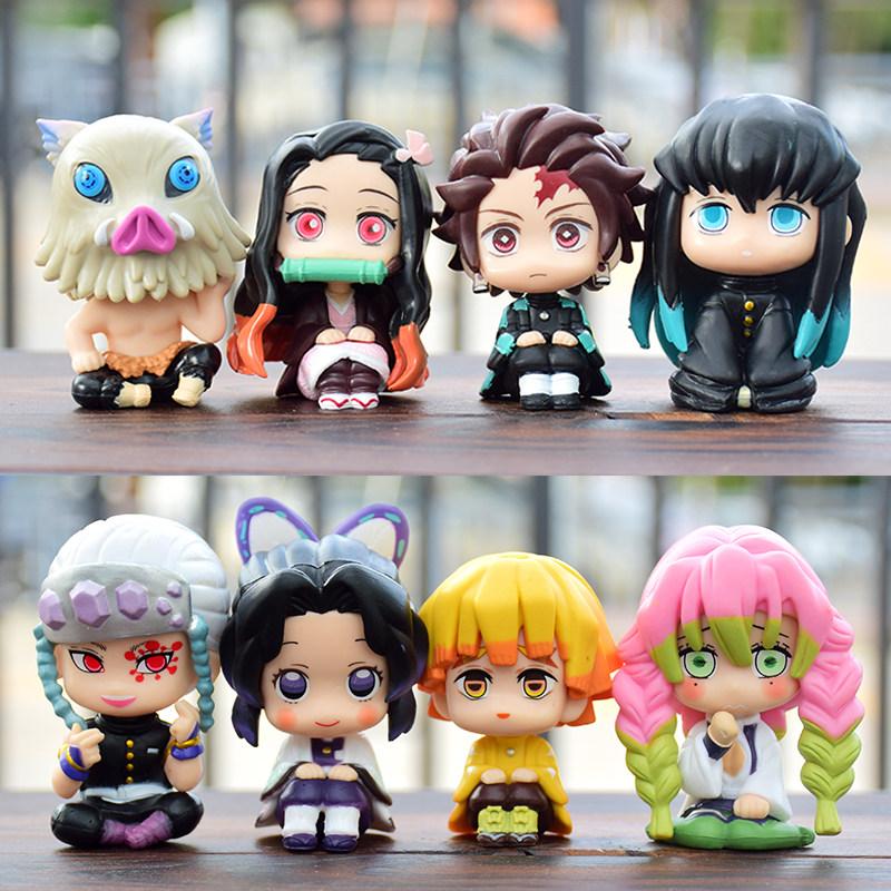 Demon Slayer Figure Toy Anime Kimetsu No Yaiba Q Version Sitting Tanjiro Nidouzi Inosuke Zenizu Pvd Figurine Model Doll Gifts