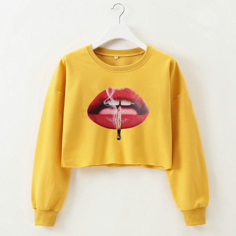Европейский и американский женский укороченный худи с принтом губ - Осенне-зимний новый стиль, длинные рукава, круглый вырез S