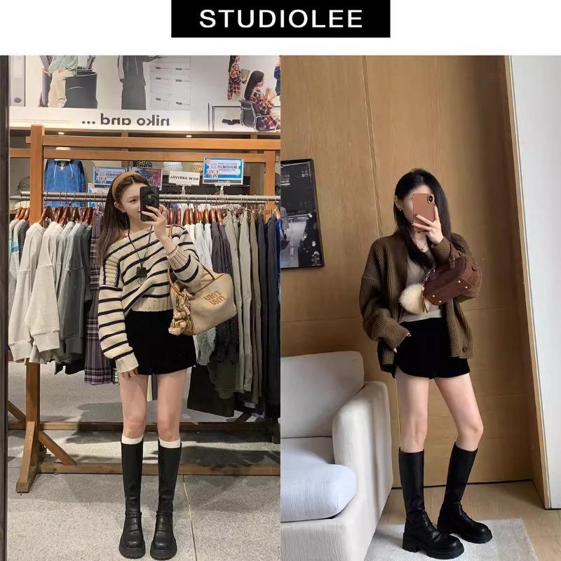 Cowhide Leather Thick-bottomed Pleated Pile Boots Women's Thick Heel Tall Boots Elastic Skinny Boots