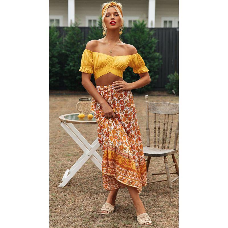 

European and American Southeast Asia off-Shoulder White Sexy Back Bow Lace-up Navel Short Short sleeve Shirts Women Yellow XL