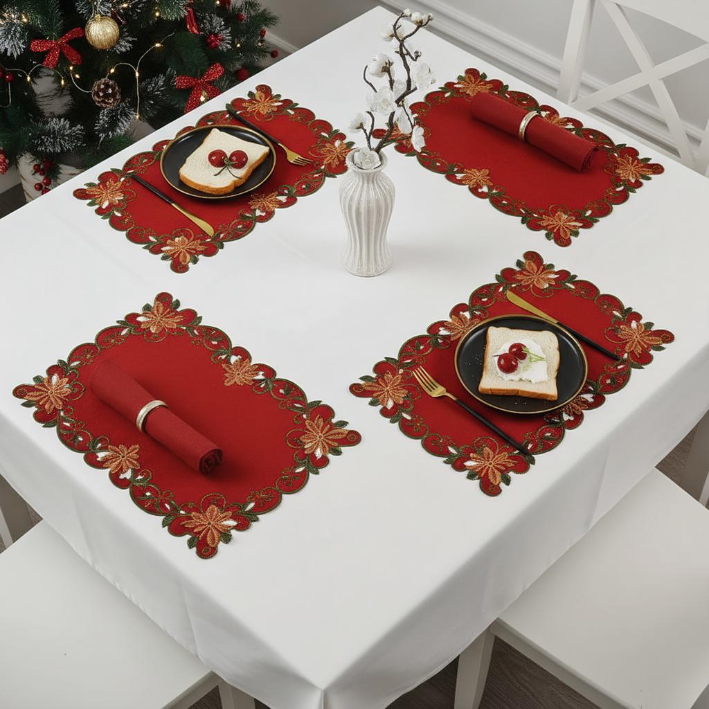 4 Pcs Christmas Embroidered Flower Rectangular Red and Green Placemats 11.02x16.93inch for Party Home Kitchen Dining Table Decor