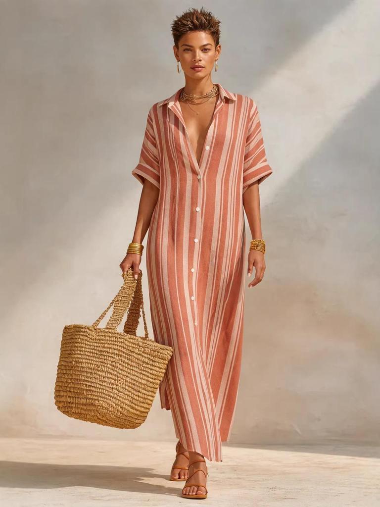 2026 European & American New Style Casual Striped Long Shirt Dress