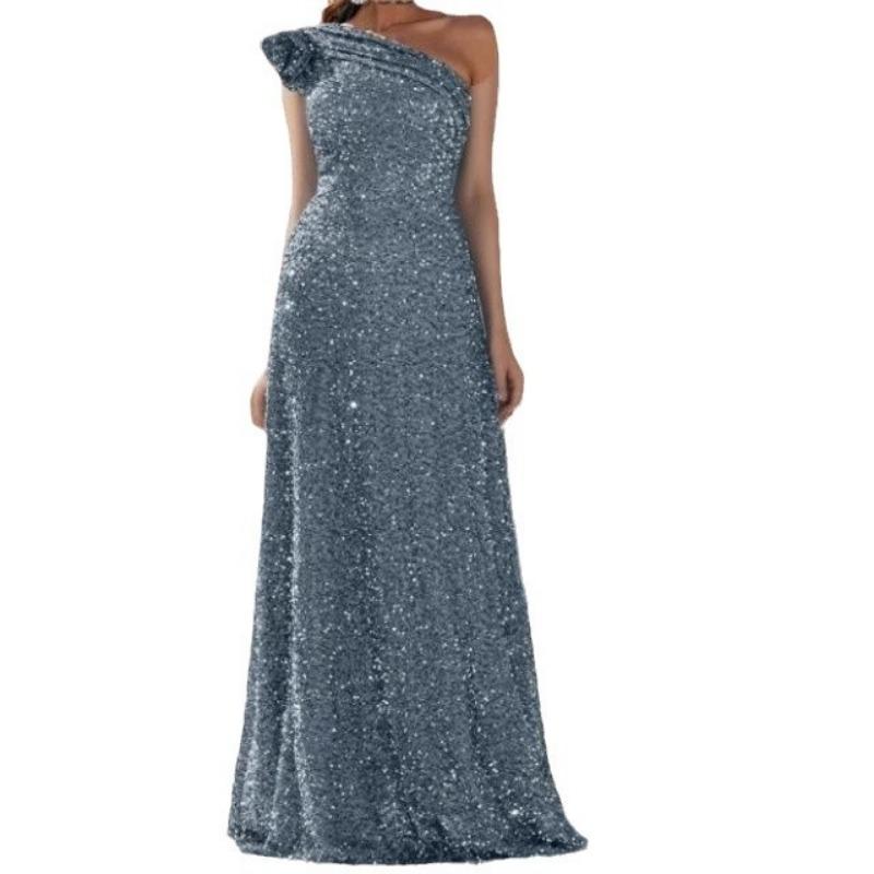 Women's Sequin Oblique Shoulder Backless Sleeveless Long Sequin Silver Swing Dress Evening Gown