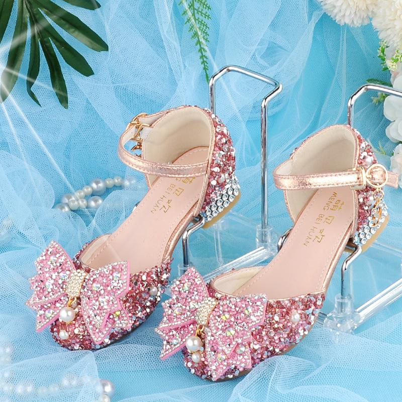 Girls Crystal Bow High Heel Shoes Shiny Princess Dress Footwear Piano Performances Leather Kids Party Pumps