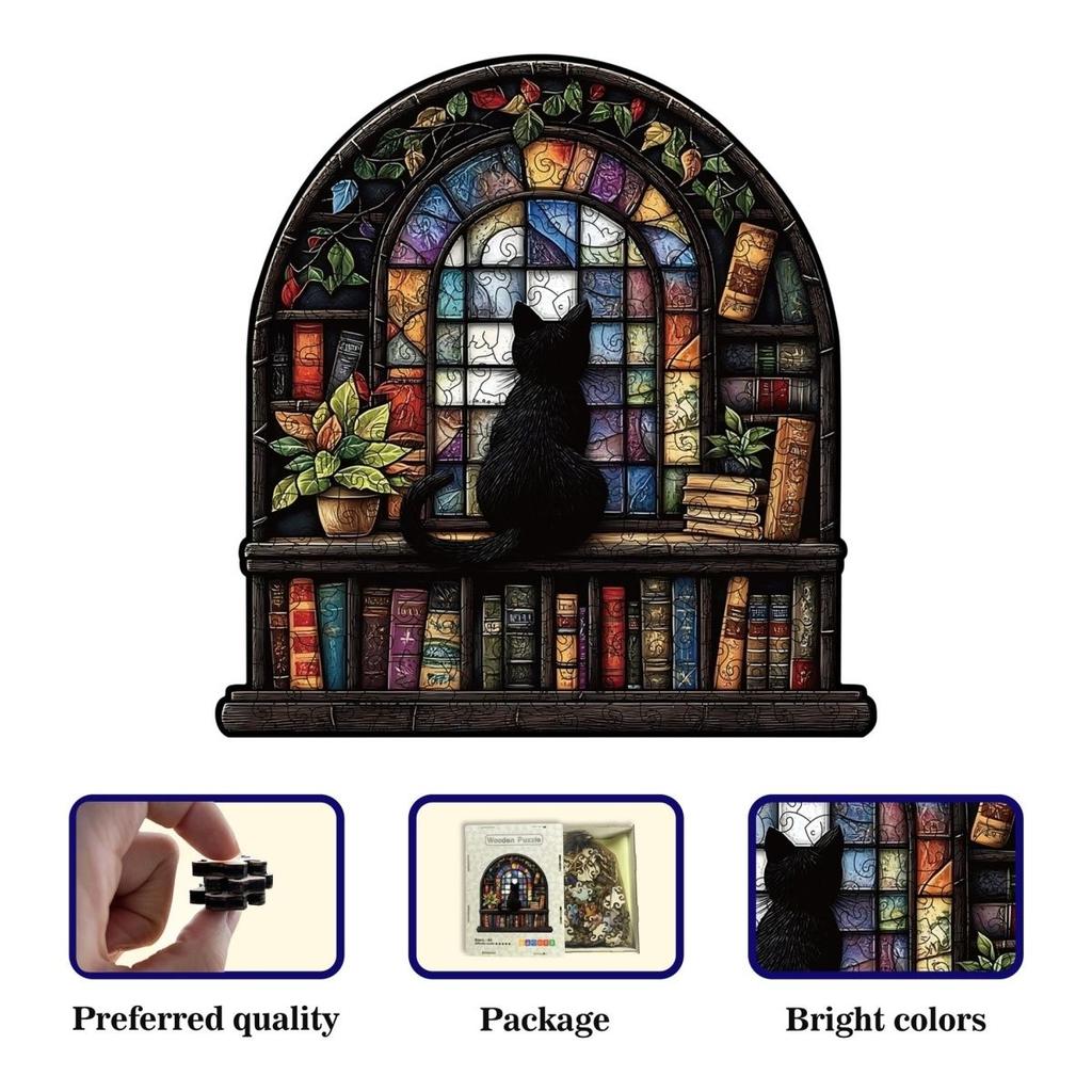 Window Cat Wooden Jigsaw Puzzle, Church Cat Art, Irregular Shaped Pieces, Adult Brain Teaser Stress Relief Game, Unique Wooden Puzzle Gift, DIY