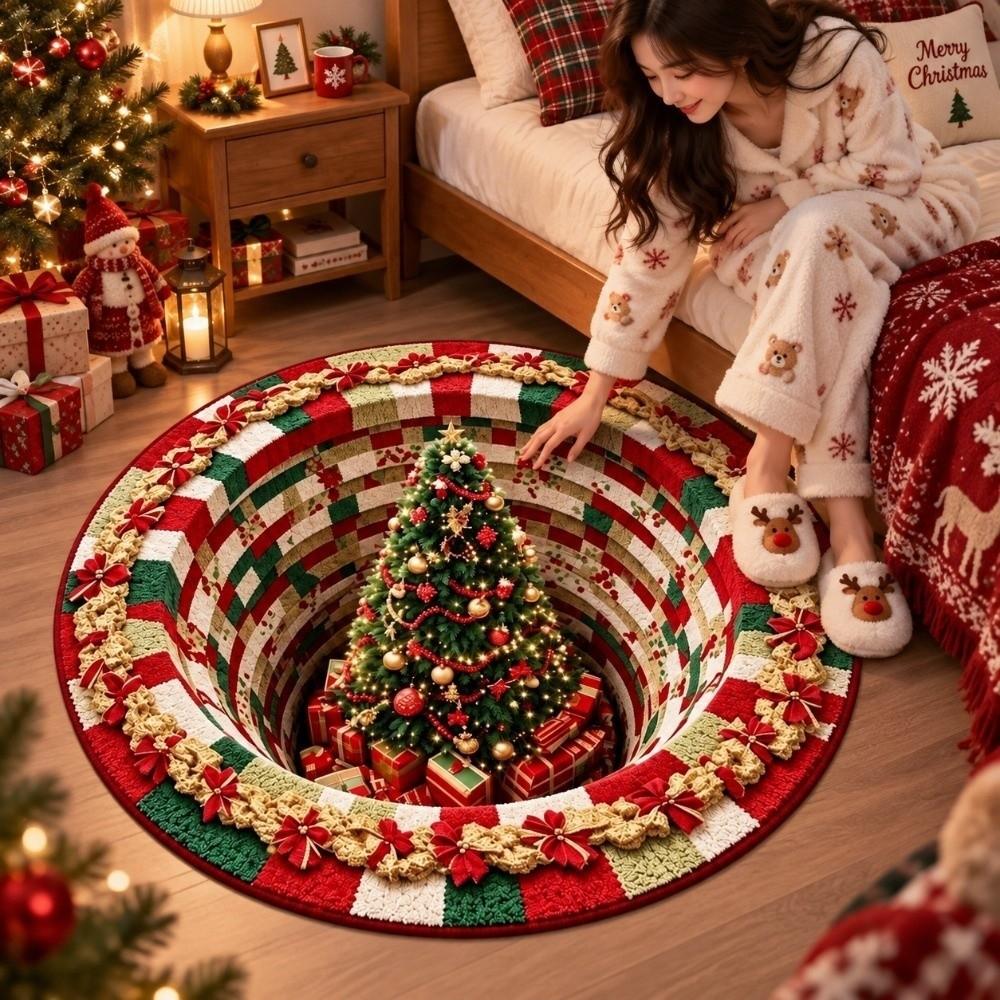 Bottomless Pit Christmas Round Rug 2D Flat Vortex Floor Mat 3D Illusion Carpet Xmas Party