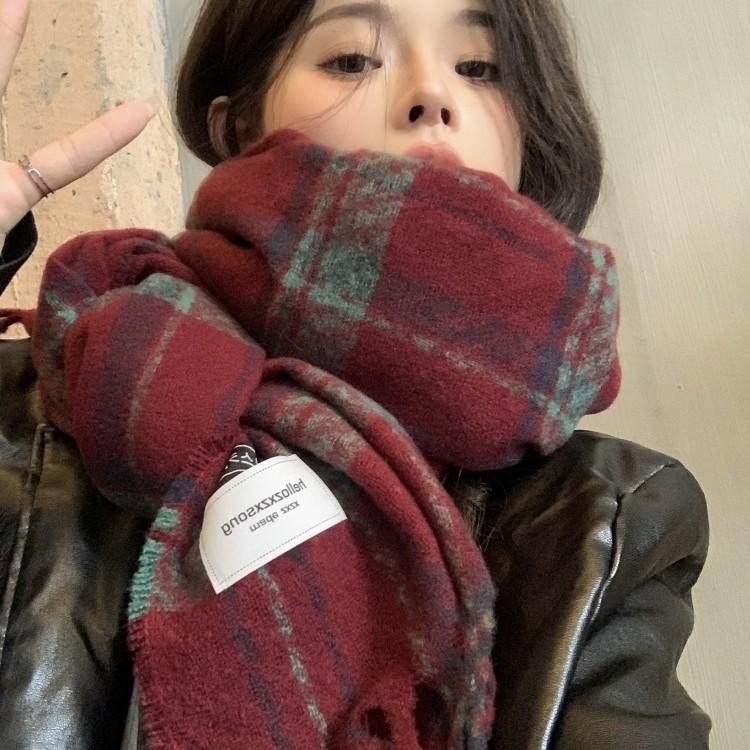 New tassel red retro plaid scarf women's winter warmth versatile high-end shawl student couple