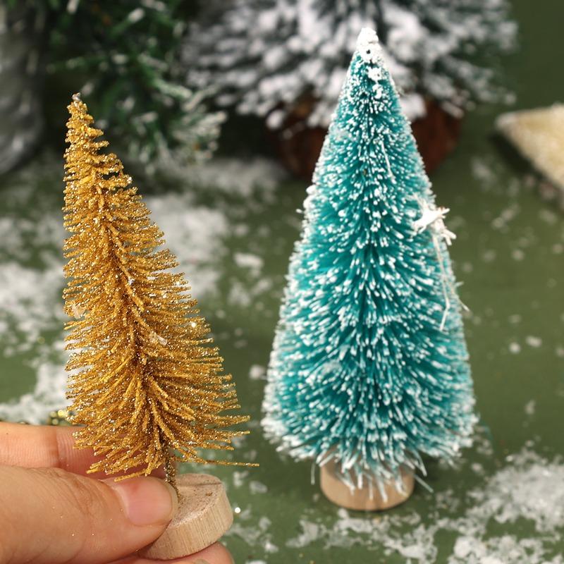 27/9pc Artificial Christmas Tree Artificial Miniature Pine Tabletop Tree Wood Base Xmas Ornaments Christmas Crafting Party Decor