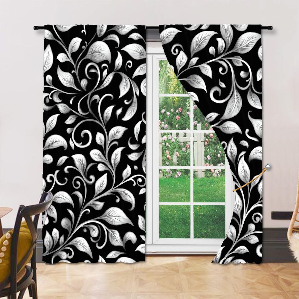 Versatile Polyester Transparent Curtains Home Decoration Black White Leaf Use Bedrooms Living Rooms Set Of 2 Made Area Decor