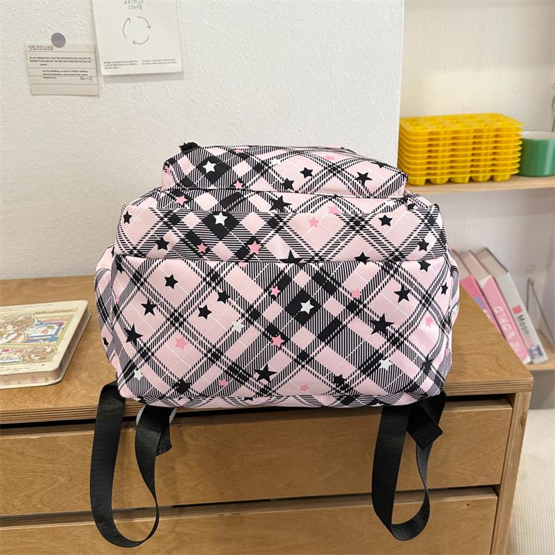 Large Capacity Plaid Backpack Women's Star Printed Student School Bag with Coin Purse