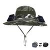 Outdoor Wide Brim Sun Hat with Solar/Charging Fan Outdoor Drawstring Fishing Hat Waterproof for Outdoor Riding Hiking Fishing