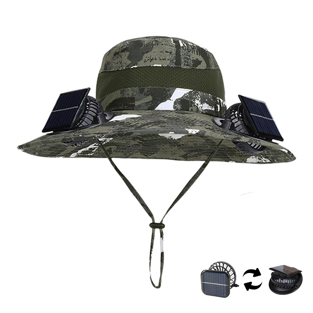 Outdoor Wide Brim Sun Hat with Solar/Charging Fan Outdoor Drawstring Fishing Hat Waterproof for Outdoor Riding Hiking Fishing