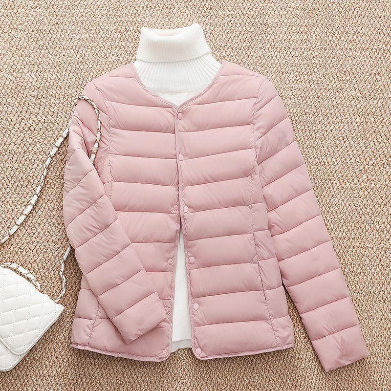 Women Warm Lightweight Puffer Jacket Autumn Winter Spring Cotton Down Padded Parkas Overcoat Collarless Round Neck Portable Female Liner