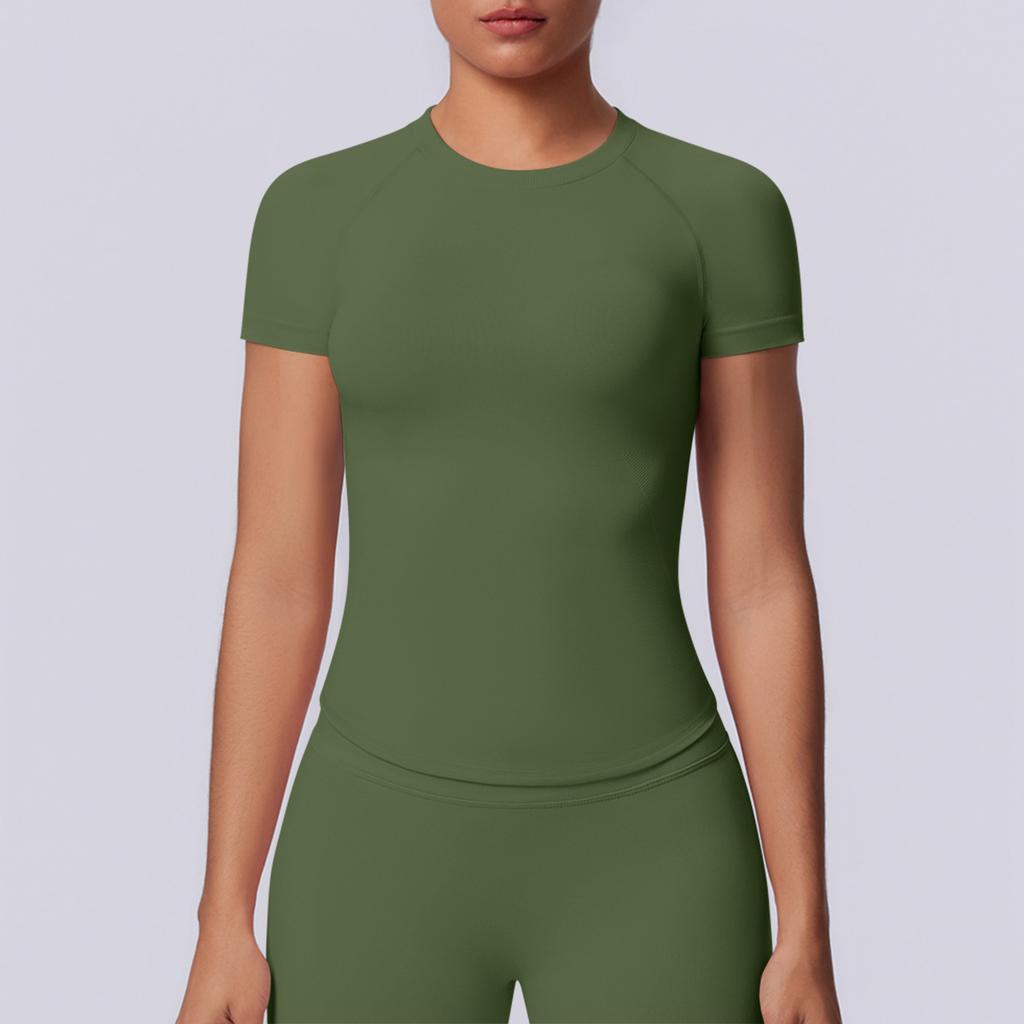 European and American seamless solid color tight high elastic breathable T-shirt sports running fitness yoga clothes top women