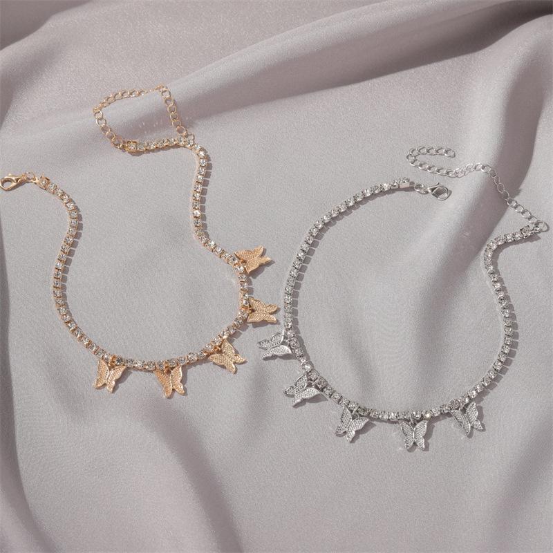 European & American Rhinestone Butterfly Necklace: Short Hip-Hop Alloy Cuban Chain Pendant.