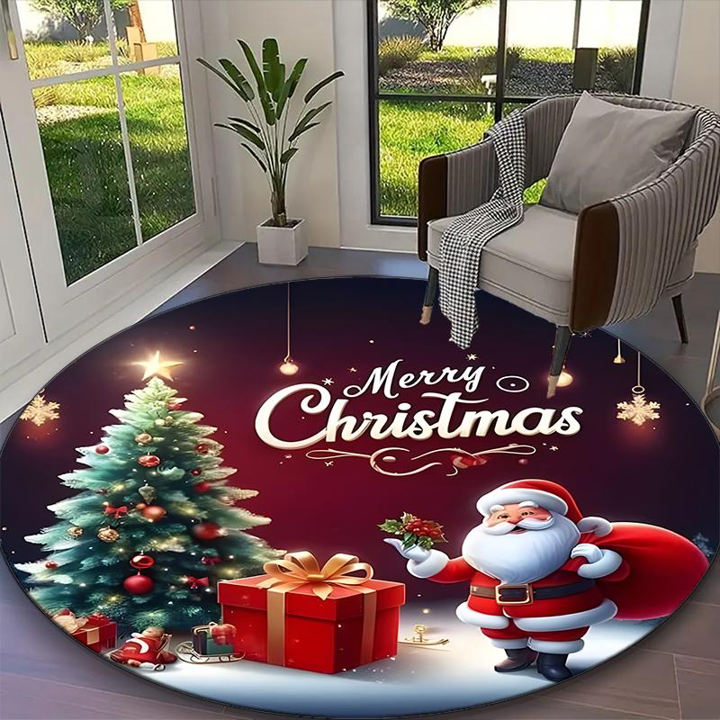 Santa Claus Carpet, Non-slip Office Chair Rug, Digital Print Home Round Rug, Unique Festival Decorations