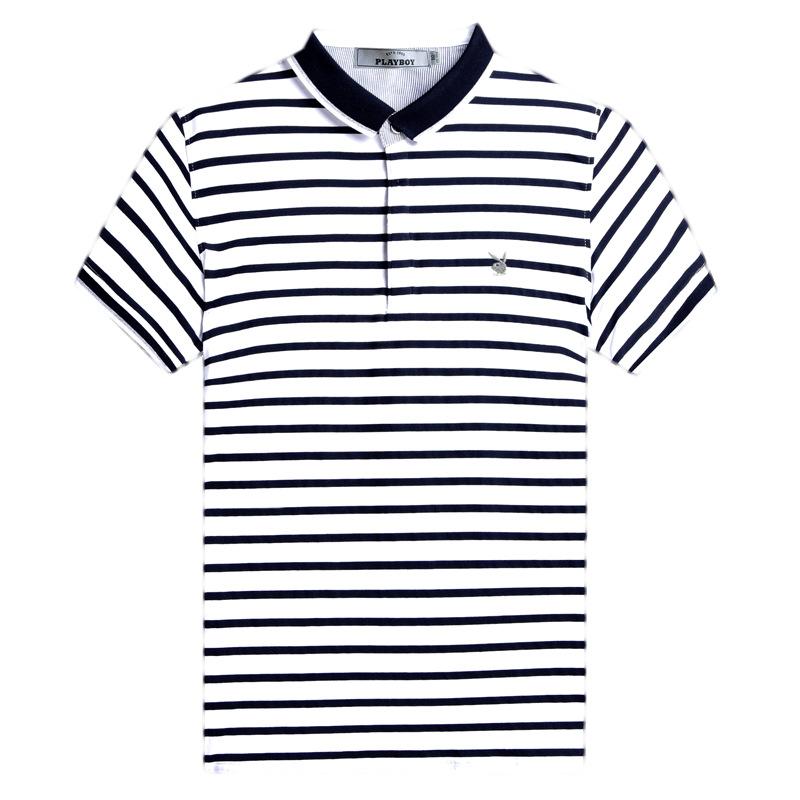 Sommer Neues Jugend Herren Koreanisch Dünnes Kurzarm T-Shirt Paneel Revers Knopf Patchwork Druck Streifen Mode Lässig Baumwoll-Top