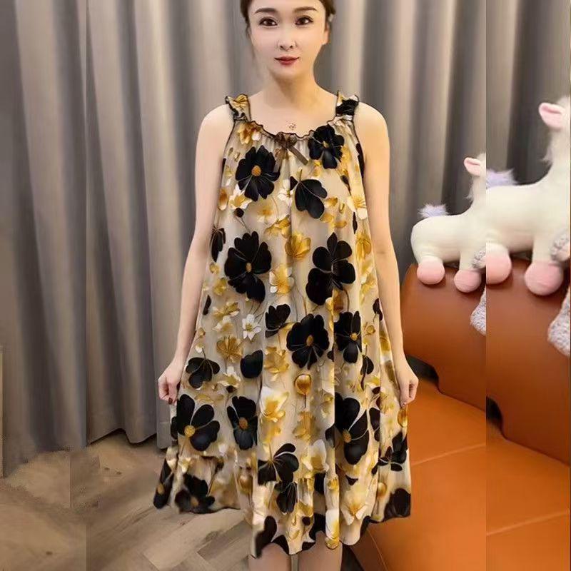 Women's Summer Ice Silk Mesh Sleeveless Nightgown with Suspender Straps