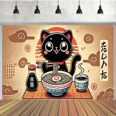 2D Plane Background Fabric of a Cute Cat Eating Ramen Multi-purpose Indoor/outdoor Celebration Polyester Fiber